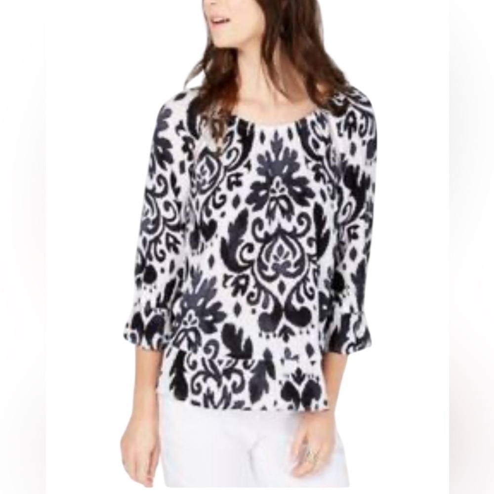 INC Black White Patterned Top round elastic neck ruffle at hem and sleeves M
